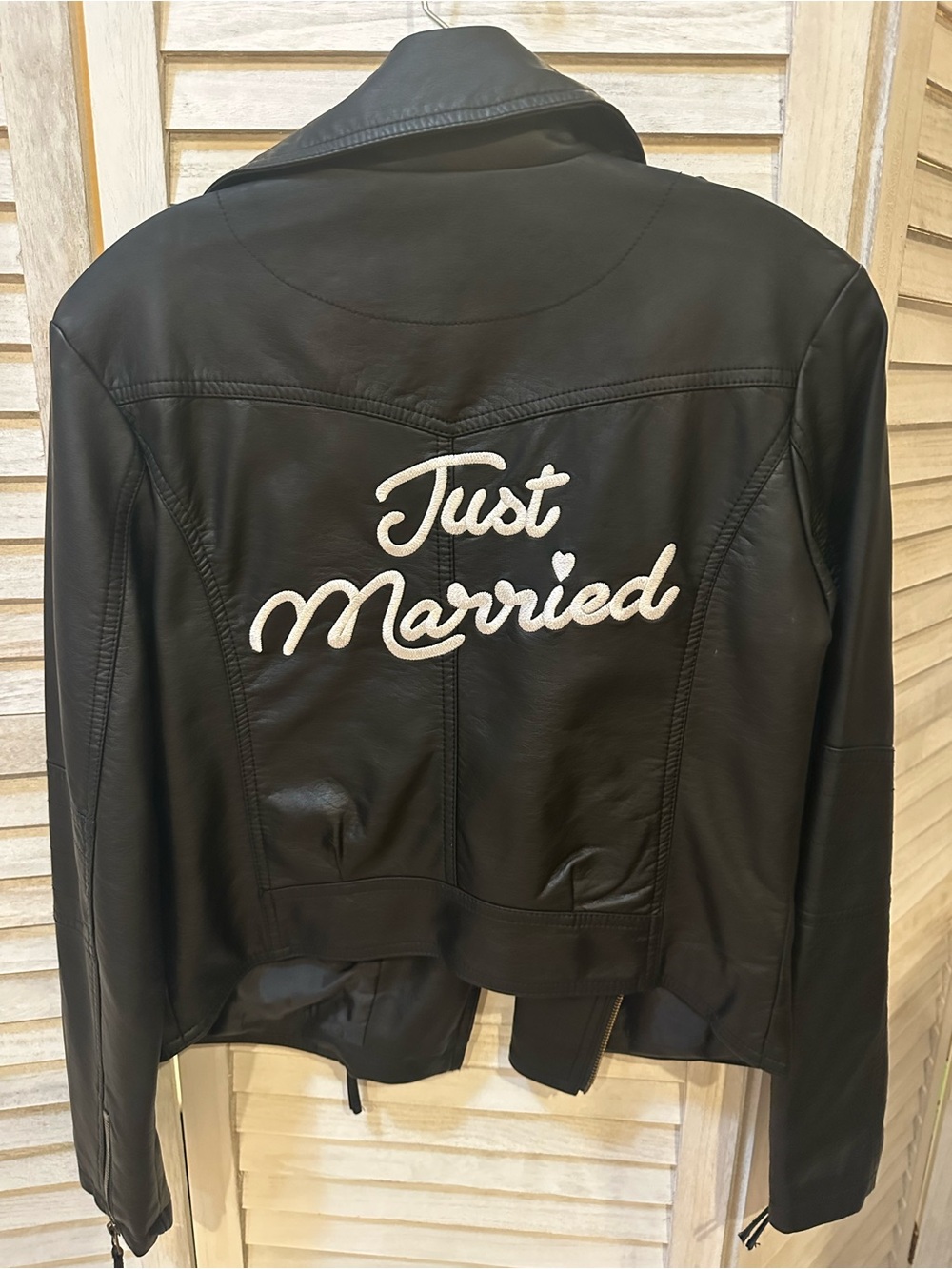 David's Bridal Black Leather Jacket with White "Just Married" Script